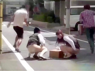 Bunch of perverts are rushing and trying to chase some attractive Japanese girls